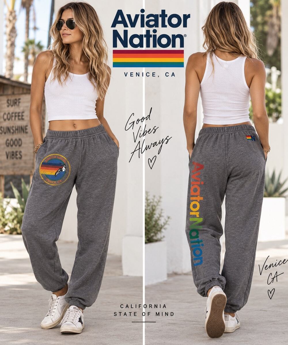 California Casual Luxe Lounge Aviator Nation Venice Rainbow Logo Sweatpants Gray
